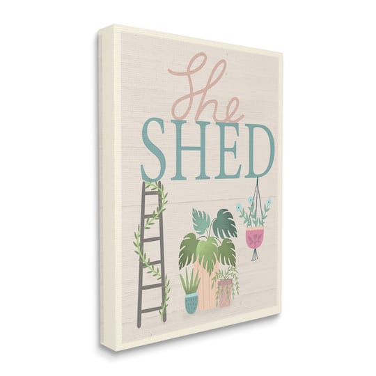 Stupell Industries She Shed Sign Tropical Plants Ladder and Green Vines Canvas Wall Art